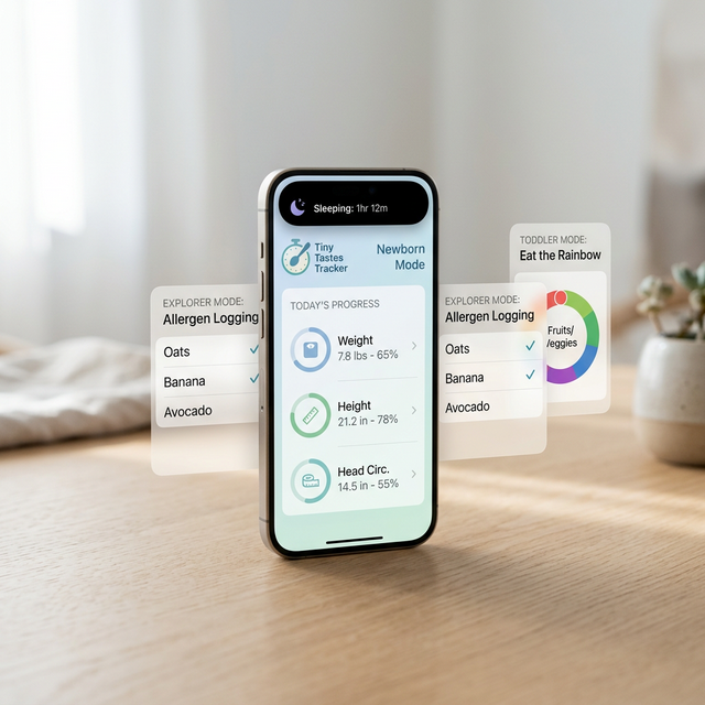 Tiny Tastes Tracker App on iPhone showing Newborn layout